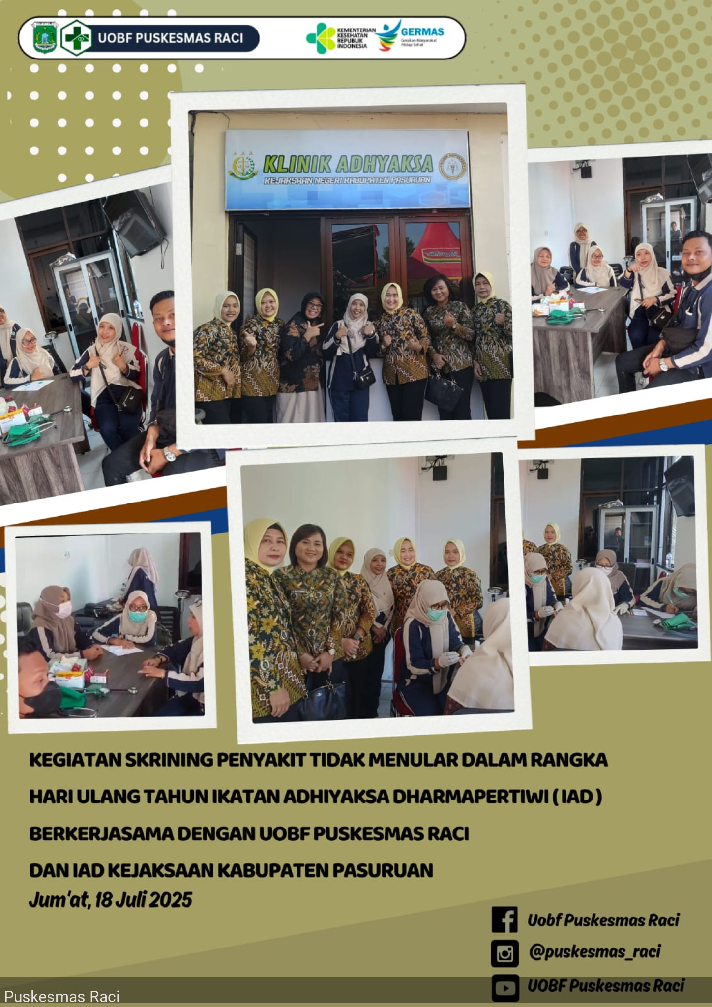 UOBF Puskesmas Raci Gelar Skrining Penyakit Tidak Menular Dalam Rangka Hari Ulang Tahun Ikatan Adhiyaksa Dharmapertiwi ( IAD ) Kejaksaan Negeri Kab. Pasuruan